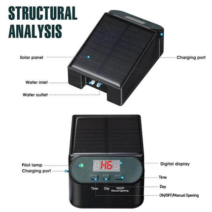 Watering Device For Plants Solar Powered Home Garden compact solar-powered irrigation unit with digital display and labeled water inlet outlet