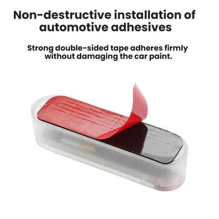Solar-Powered Car Warning Taillights, Self-Adhesive showing ABS LED unit with red peel-off double-sided tape for non-destructive installation