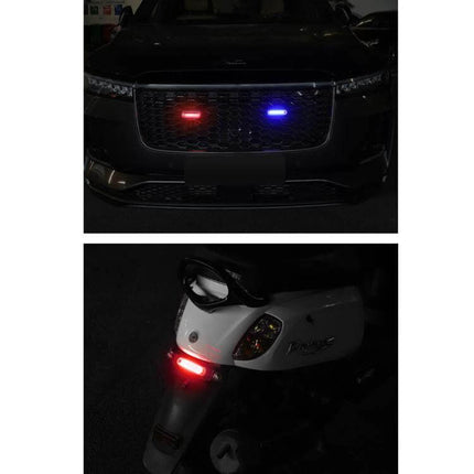 Solar-Powered Car Warning Taillights, Self-Adhesive mounted on vehicle front grille and scooter rear emitting red and blue warning LEDs