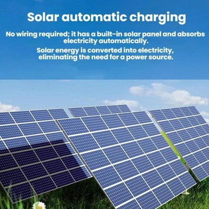 Solar-Powered Car Warning Taillights, Self-Adhesive on grass with solar panels and text 'Solar automatic charging' showing no-wiring daylight charging
