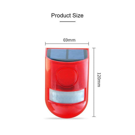 Solar Powered Sound Light Alarm Outdoor Waterproof System - red solar-powered alarm unit 69mm x 120mm with solar panel, LED light and siren