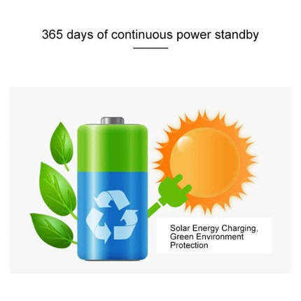 Solar Powered Sound Light Alarm Outdoor Waterproof System showing solar-charged battery icon, sun and green leaves for eco solar energy charging