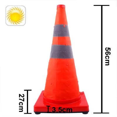 Solar Retractable Traffic Cone for Roadside Safety, 56cm orange retractable cone with ABS base, PVC fabric, solar panel and reflective bands