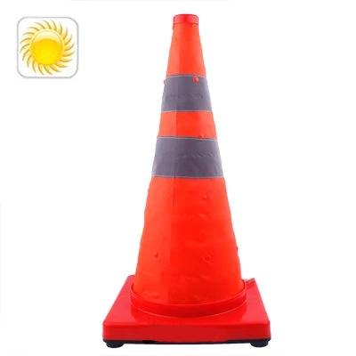 Solar Retractable Traffic Cone for Roadside Safety, 56cm bright orange cone with reflective bands, solar panel icon, ABS base and retractable PVC fabric