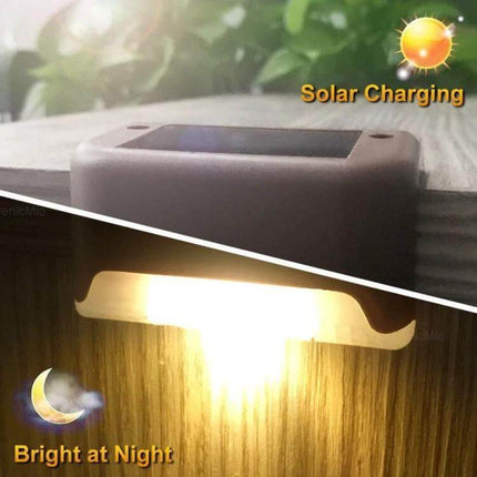 Solar Staircase Light For Outdoors Warm White Stairs Garden - KW-0063 solar charging LED on deck edge, warm white glow at night, IP65 weatherproof