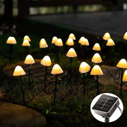 Solar Mushroom Lawn Light Outdoor String Lights 3.8m glowing mushroom stake lights outlining a garden path, solar panel inset