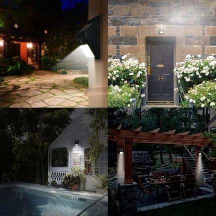 Solar Motion Sensor Wall Light For Outdoors With 8 LEDs mounted by door, pathway, pool and patio providing motion-activated night illumination