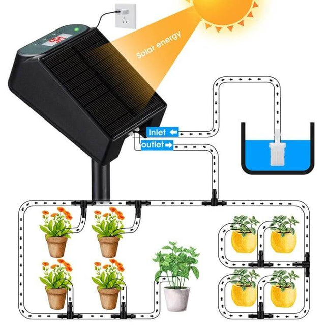 Watering Device For Plants Solar Powered Home Garden autonomous irrigation unit with solar panel and drip lines for potted plants and garden beds