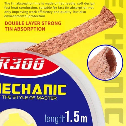 Solder Wick Desoldering Braid 1.5m For Removing Solder From Joints - close-up of copper braid spool and strand showing double layer tin absorption