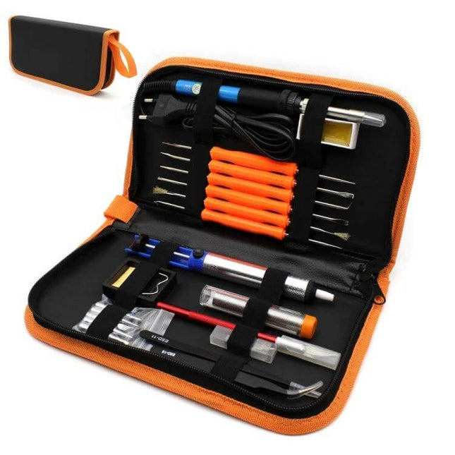 Soldering Iron Kit With Extra Tips For Home Repairs compact 8-in-1 kit in orange carrying case with iron, six tips, desoldering pump and accessories
