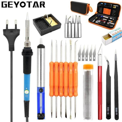 Soldering Iron Kit With Extra Tips For Home Repairs - compact 8-in-1 kit with 6 tips, desoldering pump, tweezers, solder, stand and case