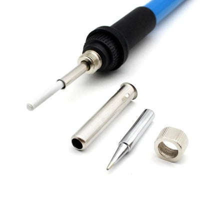 Soldering Iron Kit With Extra Tips For Home Repairs showing soldering iron, six interchangeable tips, desoldering pump accessories and carrying case components