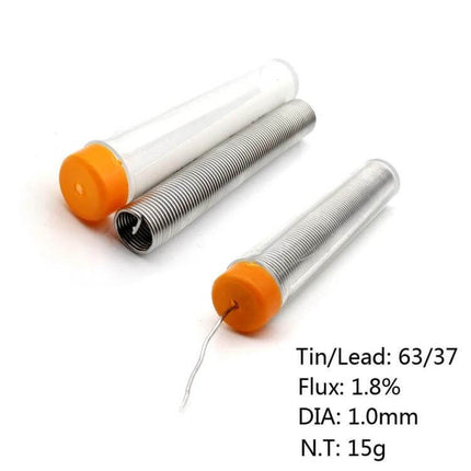 Soldering Iron Kit With Extra Tips For Home Repairs - 63/37 tin solder wire 1.0mm spool shown with plastic tubes and orange caps