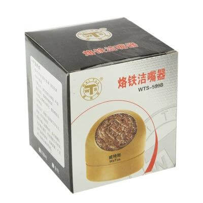 Soldering Iron Tip Cleaner With Cleaning Wire And Base in retail box showing brass cleaning wire and base for electronics soldering