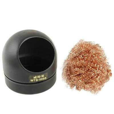 Soldering Iron Tip Cleaner With Cleaning Wire And Base showing black base holder and twisted copper cleaning wire for soldering tips