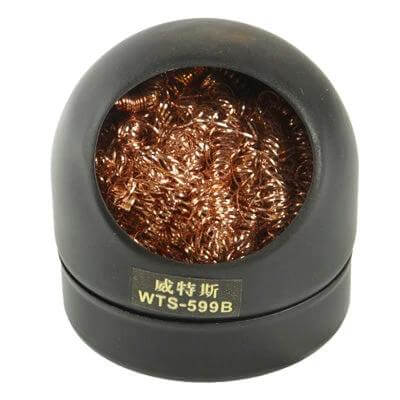Soldering Iron Tip Cleaner With Cleaning Wire And Base in black holder with twisted copper cleaning wire visible, model WTS-599B