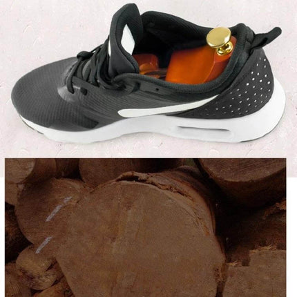Solid Wood Retractable Shoe Last For Everyday Shoe Care Sizes 37-46 shown inside casual sneaker with gold knob, pair keeps shoes shape and crease‑free