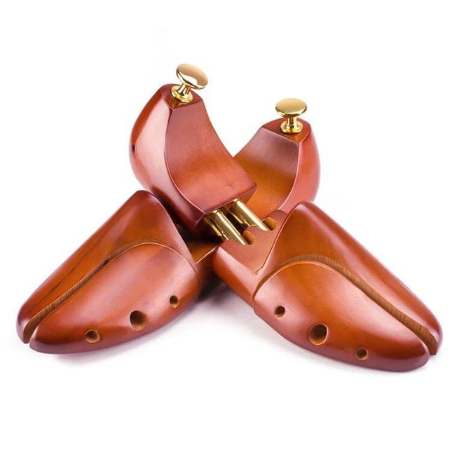Solid Wood Retractable Shoe Last For Everyday Shoe Care Sizes 37-46 - pair of polished wooden shoe trees with brass knobs for everyday shaping and storage