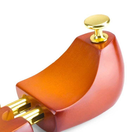 Solid Wood Retractable Shoe Last For Everyday Shoe Care Sizes 37-46 - pair of polished wooden shoe lasts with gold-tone hardware
