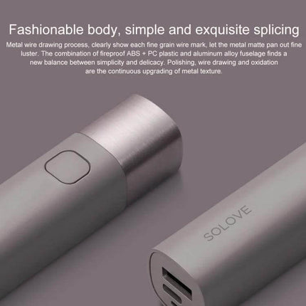 SOLOVE LED Flashlight USB Type C Portable Light for Everyday Use - sleek gray aluminum portable LED flashlight with USB-C charging and USB-A output