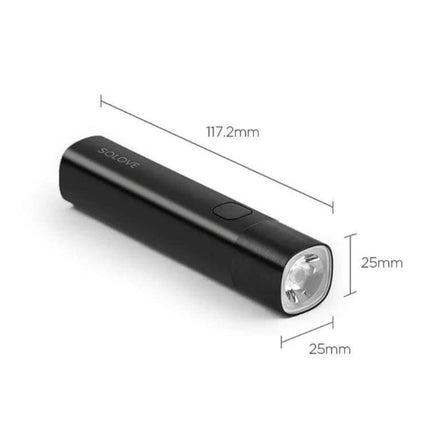 SOLOVE LED Flashlight USB Type C Portable Light for Everyday Use — compact black USB-C rechargeable 117.2mm x 25mm EDC flashlight with power output port