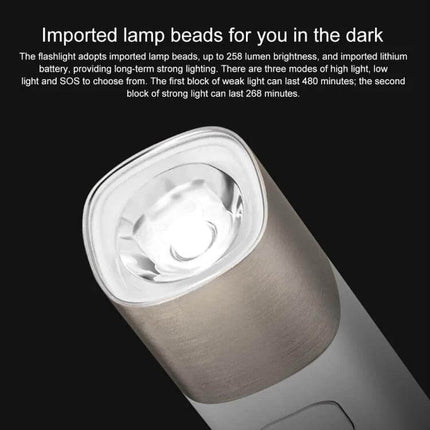 SOLOVE LED Flashlight USB Type C Portable Light for Everyday Use - close-up of LED lens and stainless head showcasing bright imported lamp beads