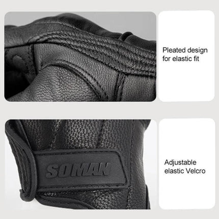 Soman Motorcycle Sheepskin Gloves For Riding Everyday Use - close-up of pleated elastic fit and adjustable Velcro cuff on black sheepskin gloves
