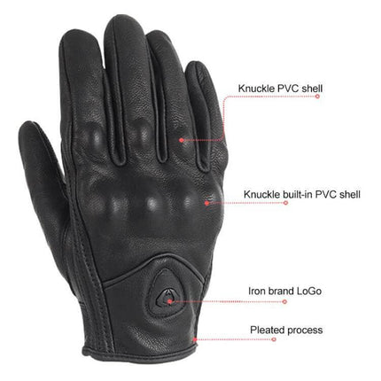 Soman Motorcycle Sheepskin Gloves For Riding Everyday Use - Black sheepskin glove with knuckle PVC protection, adjustable cuff and pleated detailing