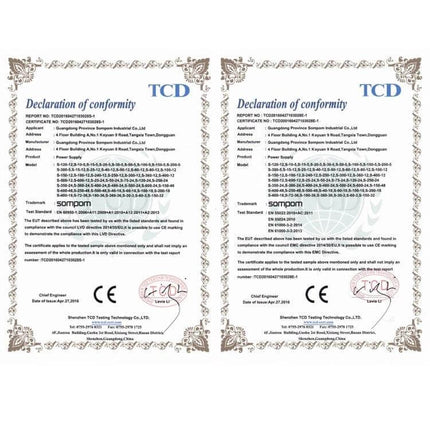 Sompom LED Driver for Light Strips and Displays, Reliable Power certification document showing CE compliance and testing stamps