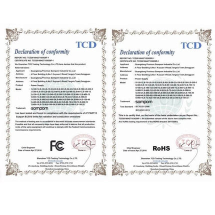 Sompom LED Driver for Light Strips and Displays, Reliable Power certificate showing RoHS and FCC compliance for reliable, safe LED driver