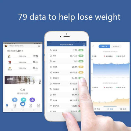 SONGYING Smart Body Fat Scale 260x260mm Battery For Daily Use - app sync screens showing weight, body fat, hydration and trends on smartphone