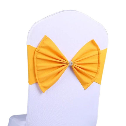 Spandex Chair Sash 12x48 Cm Bow Knot For Weddings And Events on white chair with yellow stretch bow accent
