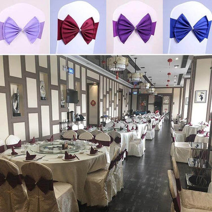 Spandex Chair Sash 12x48 Cm Bow Knot For Weddings And Events - stretch bow sashes on white covered banquet chairs in decorated wedding reception hall