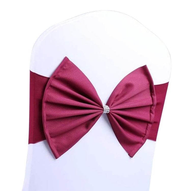 Spandex Chair Sash 12x48 Cm Bow Knot For Weddings And Events - burgundy stretch bow sash on white chair with rhinestone center