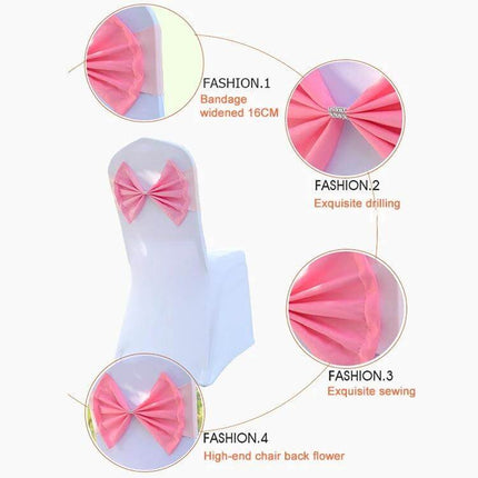 Spandex Chair Sash 12x48 Cm Bow Knot For Weddings And Events on white chair showing pink stretch bow, close-up details of sewing and drape