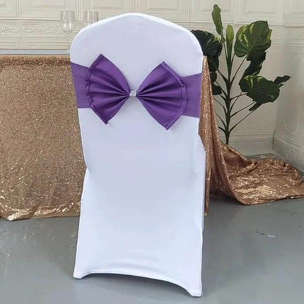 Spandex Chair Sash 12x48 Cm Bow Knot For Weddings And Events purple bow on white covered chair in banquet setting