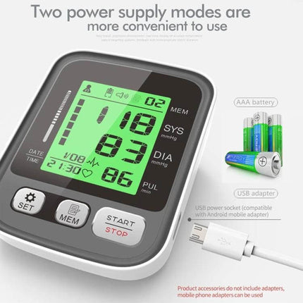 Sphygmomanometer For Home Use With Tri Color Backlight digital blood pressure monitor with large tri-color backlit LCD, automatic inflation, IHB detection