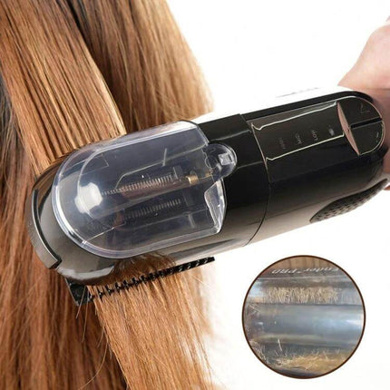 Split Ends Remover Hair Trimmer With Power Light For Dry Damaged Hair close-up of device trimming dry hair showing dual-speed comb and power light