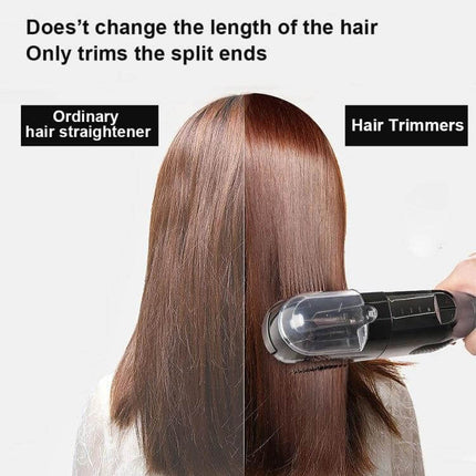 Split Ends Remover Hair Trimmer With Power Light For Dry Damaged Hair showing device trimming split ends on dry hair with power light