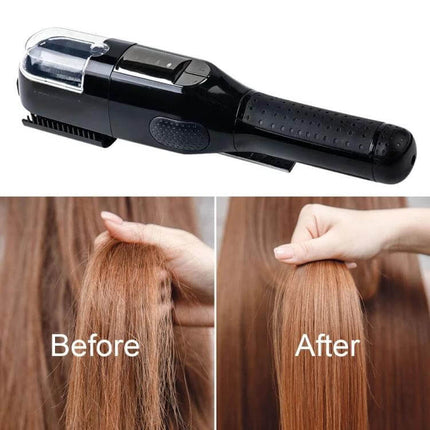 Split Ends Remover Hair Trimmer With Power Light For Dry Damaged Hair showing device and before-after smooth results