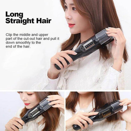 Split Ends Remover Hair Trimmer With Power Light For Dry Damaged Hair - woman using device on long straight hair for at-home touch-ups