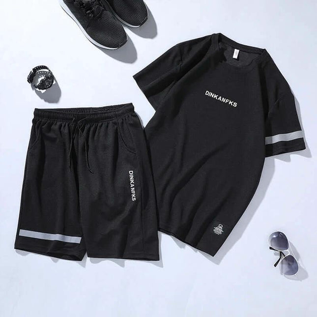 Sports Suit Men's Short Sleeve T Shirt and Shorts for Casual Wear - Black polyester two-piece set with reflective trim, travel and leisure outfit