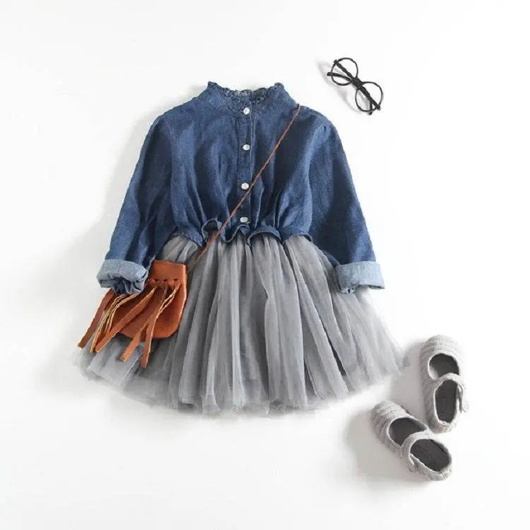 Spring And Summer Girls Long-sleeved Denim Mesh Dress 90cm To 140cm