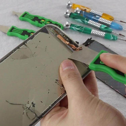 Cell Phone Repair Spudger Tool Plastic Pry For Opening Smartphones being used to lift a broken smartphone screen during repair