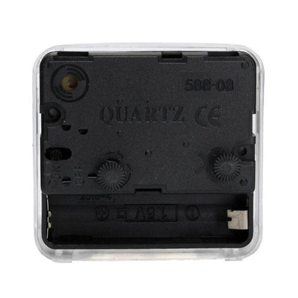 Square Alarm Clock With Transparent Case For Bedside And Office showing compact square clock movement, AA battery slot and silent quartz mechanism