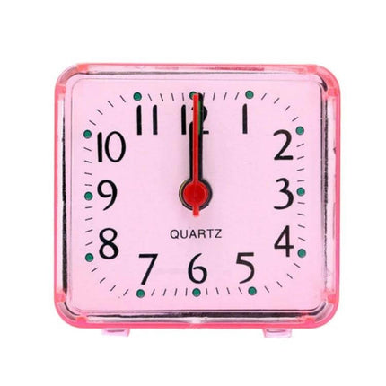 Square Alarm Clock With Transparent Case For Bedside And Office - compact pink bedside quartz clock, silent AA-powered, transparent square case