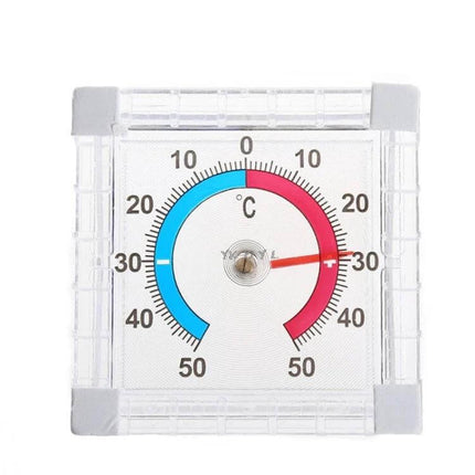 Square Window Thermometer For Doors And Windows Pointer Type - clear ABS square window thermometer with blue-red dial and pointer display