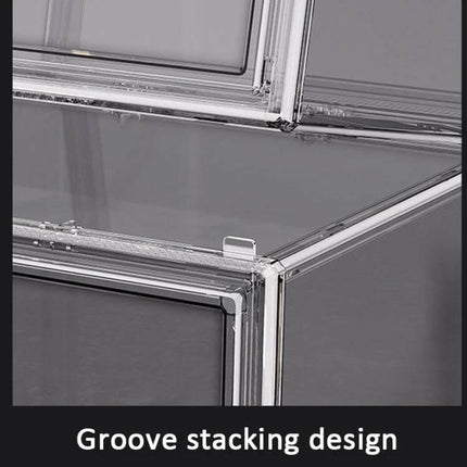 Stackable Transparent Display Box for Handbags, Side Opening showing clear PET walls, magnetic side-opening lid and groove stacking design