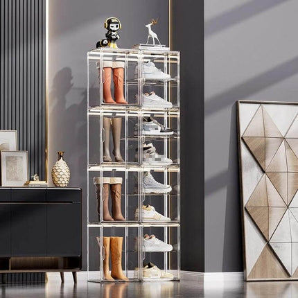 Stackable Transparent Display Box for Handbags, Side Opening showing stacked PET clear boxes storing boots and sneakers with side-opening magnetic lids