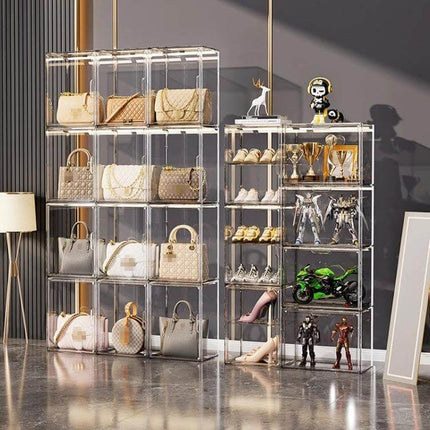 Stackable Transparent Display Box for Handbags, Side Opening showing clear PET storage with handbags shoes and collectibles in closet display